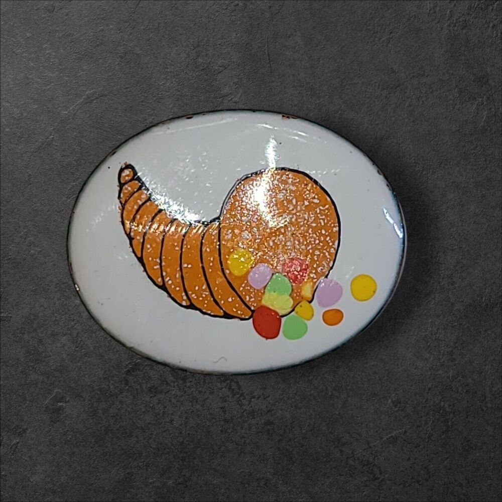 Vintage Modernist Metal & Enamel Thanksgiving Cornucopia Brooch Pin‎ Artisan